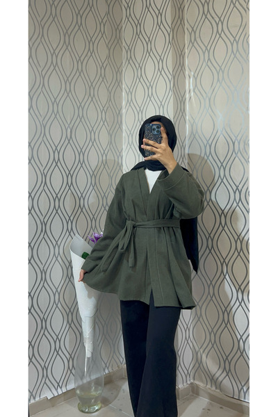 DİLEKBUTİK Khaki Color Unlined Winter Cashmere Kimono