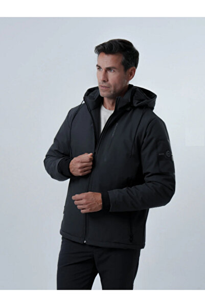 PIQUE Men's Black Coat with Print Detail Quilted Lining Softshell Coat & Jacket Bronx