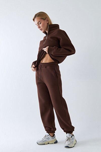 The Champ Clothing Unisex oversized Σετ αθλητικής φόρμας Basic Brown – Με φερμουάρ ψηλός λαιμός , Ελαστικό πόδι, 3 κλωστές φλις