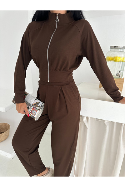 Gugus Women's Shalwar Cut Zippered Stand-Up Collar Casual Modal Sweat Suit