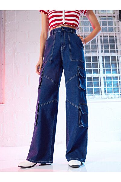 Sassafras By Styli Women Blue High Rise Contrast Stitch Cargo Straight Jeans