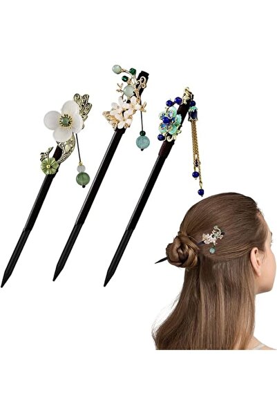 Goodern 3-piece Chinese Wooden Hair Sticks Flower Tassel Hair Pins for Women ...