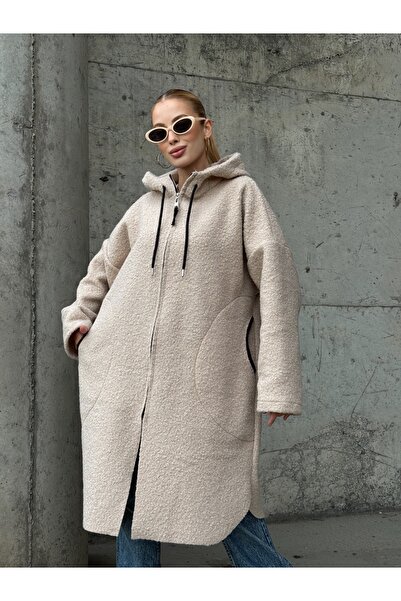 SaklıButik Kadın Yünlü Yuvarlak Cepli Yünlü Ceket