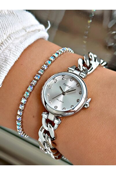 Ferrucci TAŞ RAKAMLI ZİNCİR KORDONLU GÜMÜŞ KADIN METAL KOL SAATİ