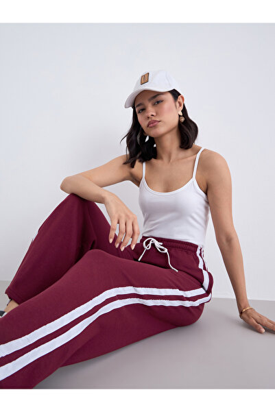 Styli Burgundy Side Seam Taping Detail Wide Leg Joggers