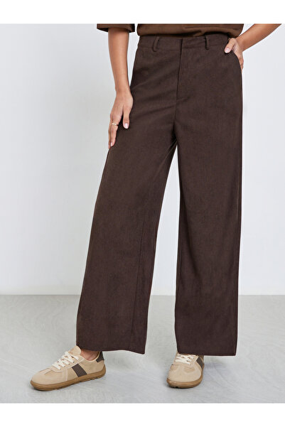 Styli Women Brown Corduroy Flat Front Wide Leg Pants