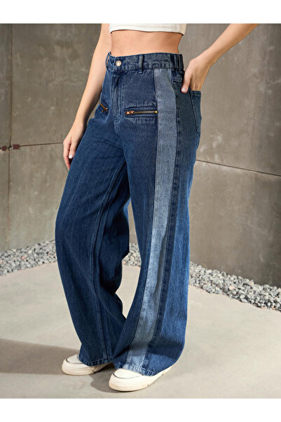 Sassafras By Styli Navy Blue High Rise Zipper Detail Wide Leg Jeans