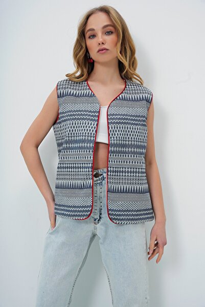 Trend Alaçatı Stili Жіночий темно-синій жилет з етнічним візерунком та бією ALC-X13721
