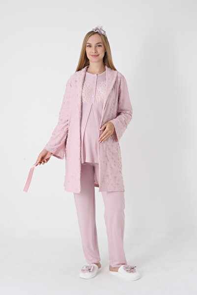 LOHOUSE Women's Jacquard Quilted Shawl Collar Cotton Winter Maternity Pajama Set with Dressing Gown 3-Piece Pajama Set