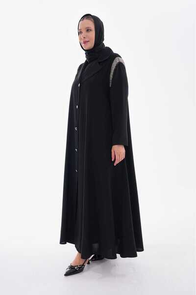 GigiTex Crepe Fabric Anthracite Beaded Buttoned Ferace