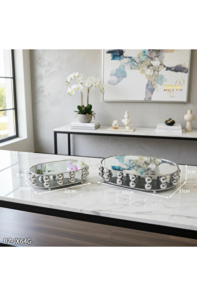 Hinora Boncuk Model 2li Metal Oval Aynalı Jardinyer Tepsi 22x30x8cm - 28x36x8cm