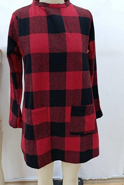 Mossta Turtleneck Plaid Patterned Woven Tunic - Red