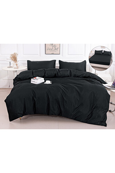 FIONNA.RO Thin Satin Damask Lingerie 4 Pieces With Elastic - Black