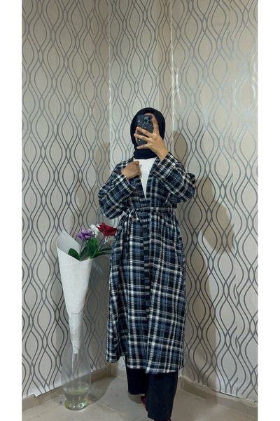 DİLEKBUTİK Blue Black Unlined Plaid Winter Kimono