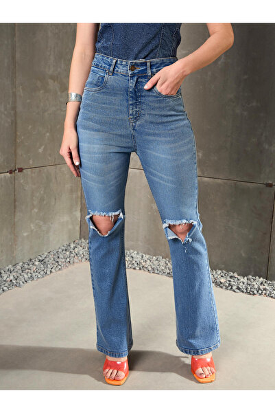 Sassafras By Styli Blue Knee Cut Bell Bottom Jeans