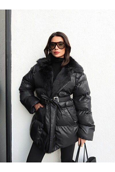 ESRAHELVACI Collar Fur Belted Puffer Coat