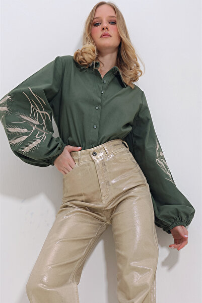 Trend Alaçatı Stili Women's Khaki Sleeves Embroidered Poplin Woven Shirt ALC-X11374