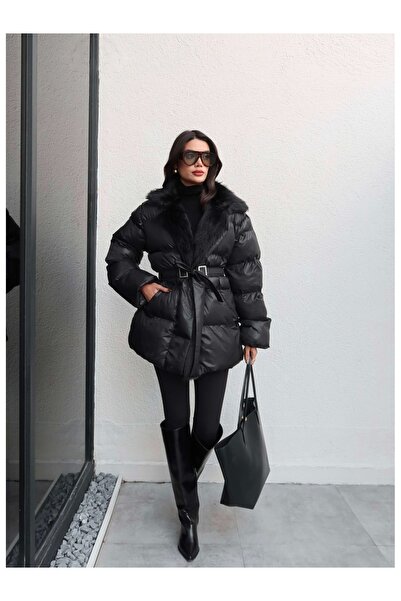ESRAHELVACI Collar Fur Belted Puffer Coat