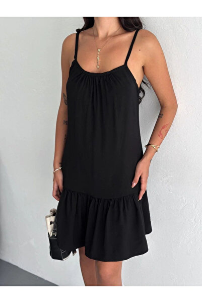 bysoca Kadın Siyah İp Askılı Sırtı Açık Eteği Fırfırlı Pamuklu Mini Yazlık Elbise