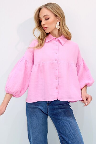 Trend Alaçatı Stili Női rózsaszín ballon ujjú elasztikus szoknya, hullámos vászon ing ALC-X13507