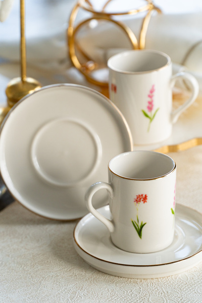 Heda Porselen Ikebana 4 Piece Porcelain Coffee Cup Set for 2 People