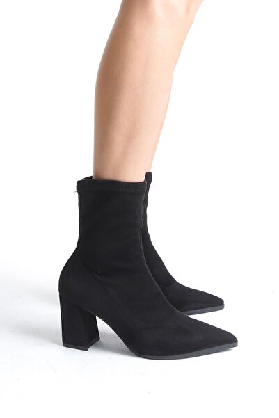FEMME Kadın Kalın Topuklu Sivri Burun Streç Günlük Bot Alina Siyah Süet