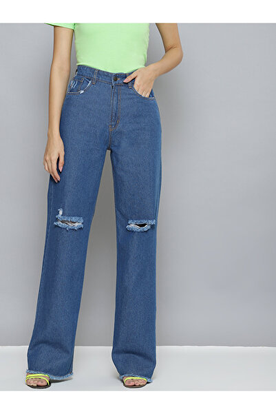 Sassafras By Styli Women Blue High Rise Wide Leg Jeans with Distressed Knee
