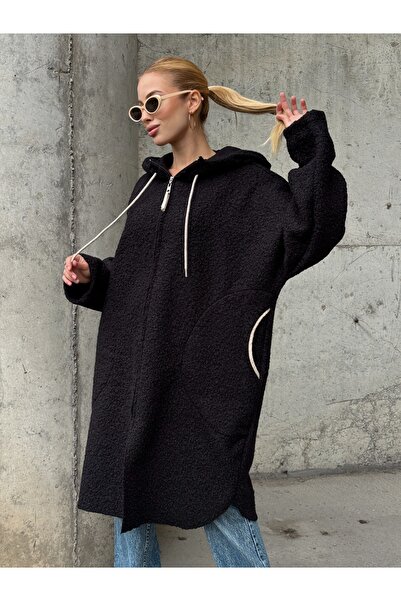 SaklıButik Kadın Yünlü Yuvarlak Cepli Yünlü Ceket