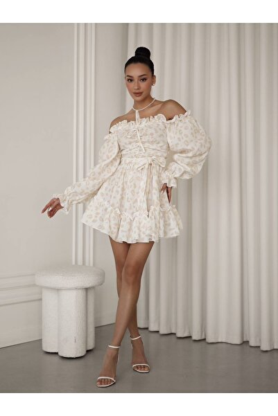 Elia Swimwear Muslin Mini Dress With Long Puff Sleeves White And Beige Celia