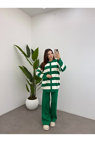 TOFİX textile Knitwear Bottom Top Set Pants and Cardigan Buttoned Striped Model