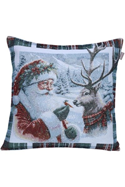 Believe Tapiserie jacquard cu cadru în carouri cu reni, Moș Crăciun, pernă de...