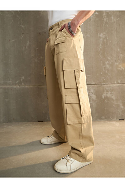 Sassafras By Styli Beige Twill Cargo Pockets Wide Leg Pants