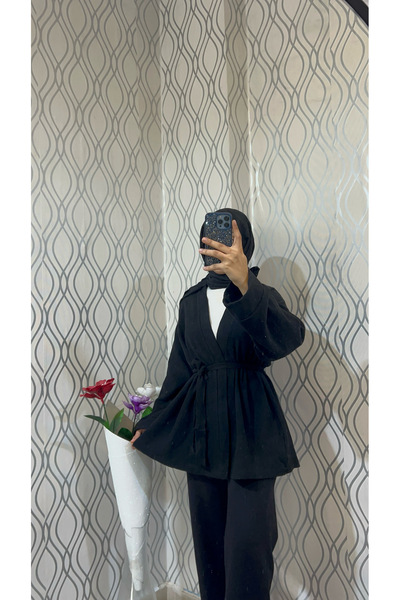 DİLEKBUTİK Black Unlined Winter Cashmere Kimono