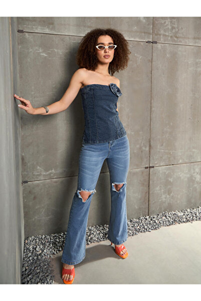 Sassafras By Styli Blue Knee Cut Bell Bottom Jeans