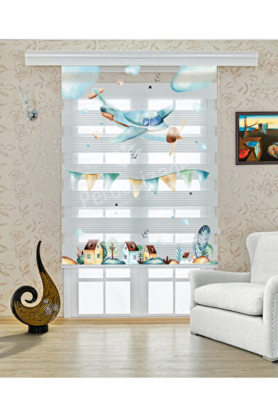 Yznhome Çocuk odası- Uçan Balina ve Bayrak Süsleri Desenli Zebra Perde - YZN-751