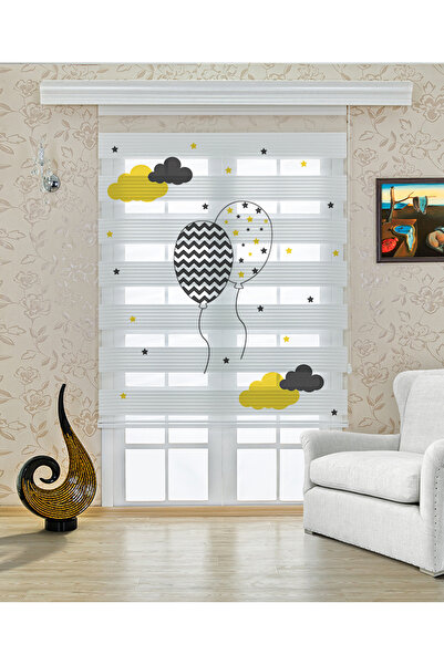 Yznhome Çocuk odası- Bulutlar Arasında Uçan Balon Desenli Zebra Perde - YZN-465