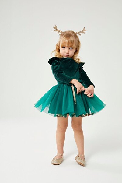 noliva bebek ve çocuk Sparkling Tulle Girls' Christmas Dress – Velvet Detailed Party Dress