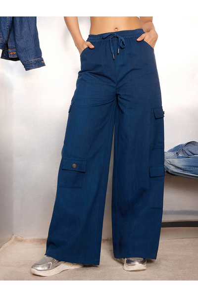 Sassafras By Styli Women Blue Solid Twill Drawstring Cargo Pants