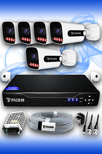 Picam 5 Kameralı Süper 5 Dış Kamera Set HDD'siz 5 MP 2K Net Gece Görüşlü Güve...