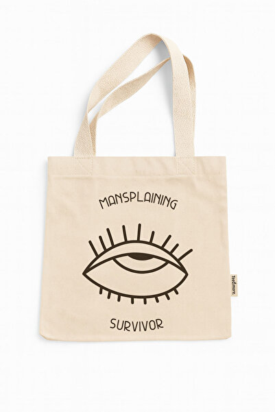 Tee&more. Mansplaining Survivor Printed Canvas Tote Bag with Gusseted Gusseted Velcro and Inner Pocket