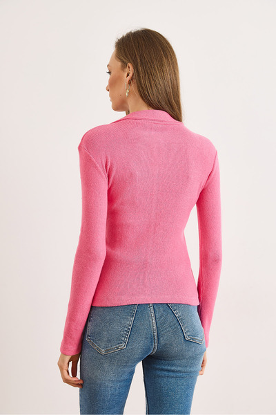 Olalook Women's Dark Pink Polo Neck Fleece-Lined Ribbed Knit Blouse Blz-19002028
