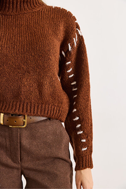 Olalook Women's Brown Stitching Detailed Soft Textured Knitwear Sweater Kzk-19001051
