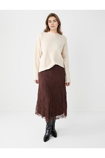 Jimmy Key Brown High Waist Lace Detailed Knitted Midi Skirt