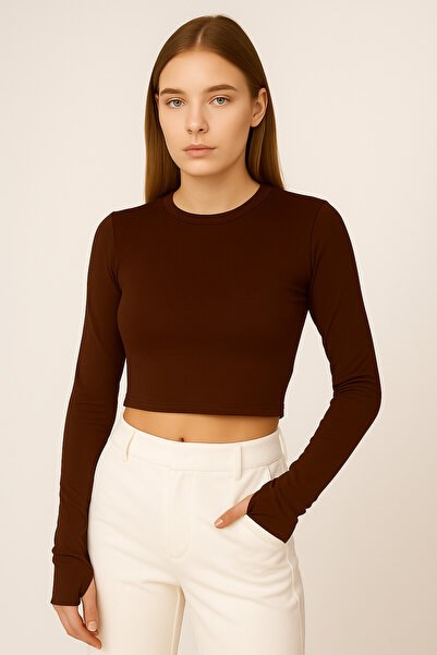 Sibel Günay Butik Kadın Buzy Kumaş Parmak Geçmeli Kahverengi Crop Body| Uzun Kollu – Likralı