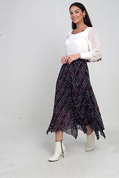 By Saygı Women's Elastic Waist Lined Plaid Crinkle Triangle Midi Skirt