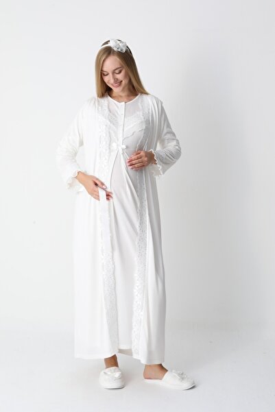 BLACKMORE Ecru Special Fancy Lace Design Cotton Maternity Nightgown-Dressing Gown Set of 2