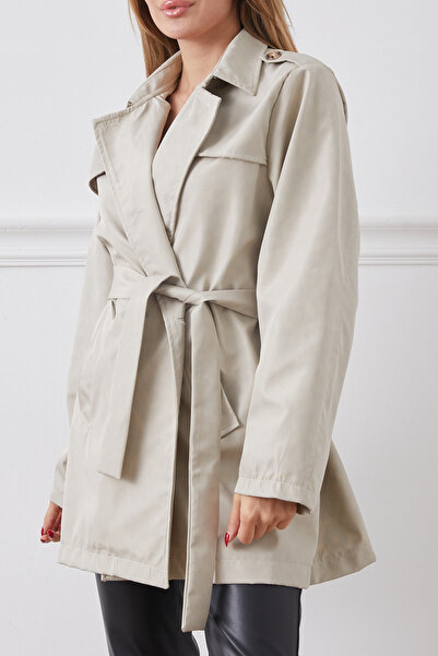 DPARİS Plus Size Belted Buttoned Trench Coat