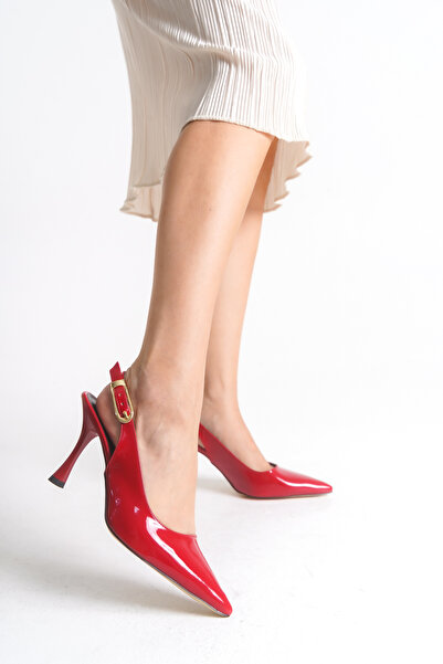 LEVONYA Women's Red Patent Leather Pointed Toe Snake Pattern Heeled Shoes