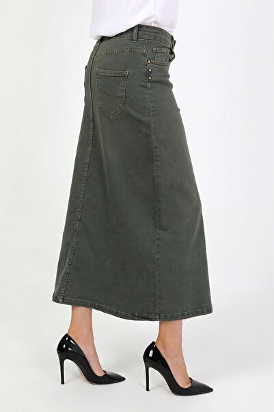 VELLICHOR Natural Fabric Star Rivet Denim Skirt Green