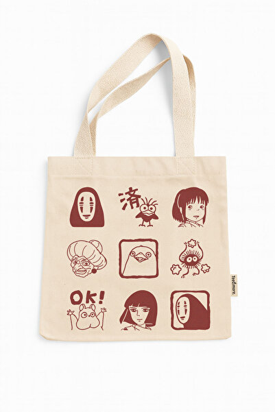 Tee&more. Studio Ghibli Spirited Away Character Printed Canvas Tote Bag with Gusseted Velcro and Inner Pockets